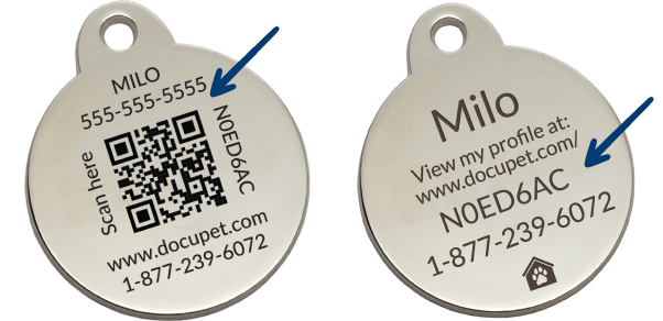 Two DocuPet tags with the tag code highlighted